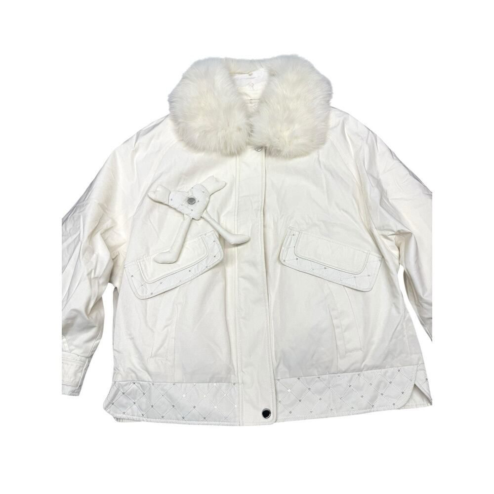 White Duck Down Coat M/L Real Fox Fur Collar Removable Lining Quilted